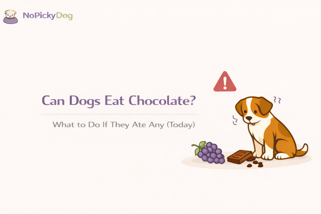 Minimal clean illustration: a worried dog next to a small piece of chocolate on a white background, soft shadows, simple shapes, warm neutral tones, no text, professional medical-guide vibe.