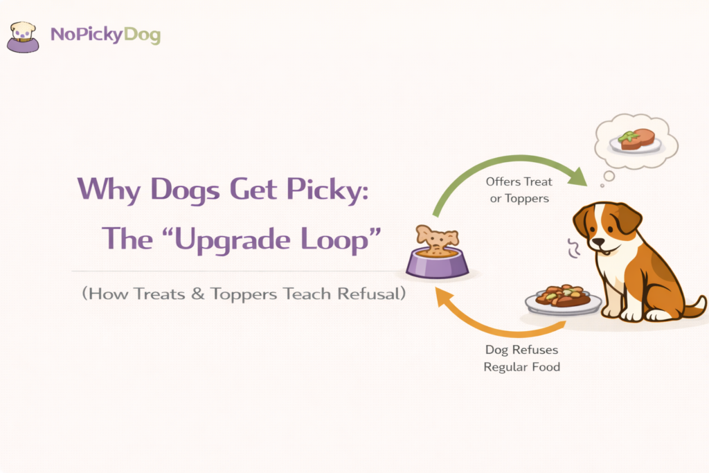 Minimal flat vector illustration, warm light-cream background with subtle grain. A friendly dog looks at a plain food bowl while “treat” and “topper jar” icons float above with a circular arrow (loop) between the dog and the icons. Clean geometric shapes, soft shadow, no text, no watermark, 16:9.