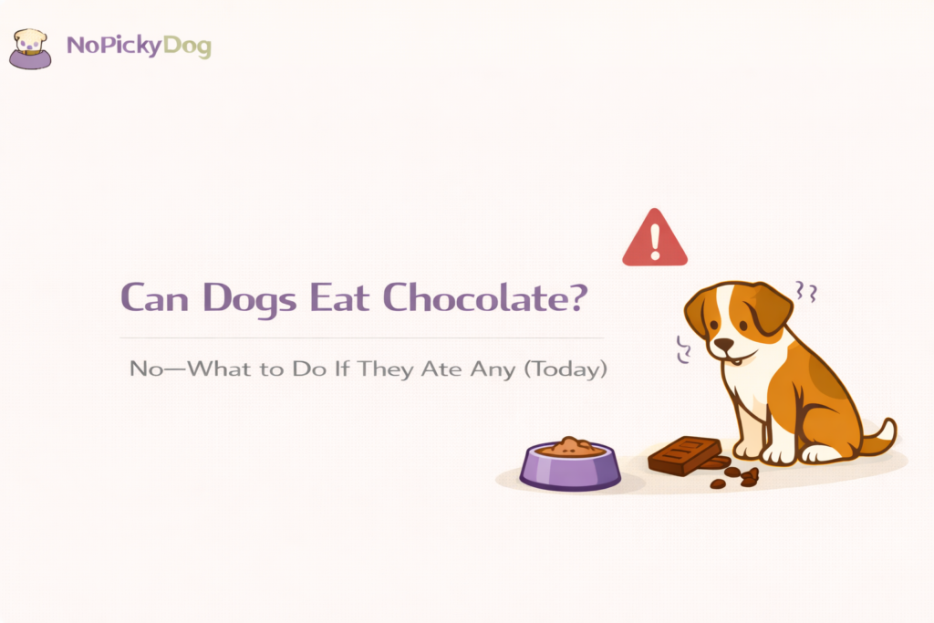 Minimal flat illustration, clean off-white background. A friendly dog near a chocolate bar with a bold warning triangle icon and a simple phone icon (call vet). Soft pastel accents, modern medical-safety vibe, no clutter, no text, no watermark, 16:9.