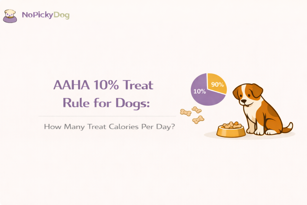 Clean flat illustration of a dog bowl and small treats with a “10%” badge, warm pastel background, minimal icons, modern friendly style.