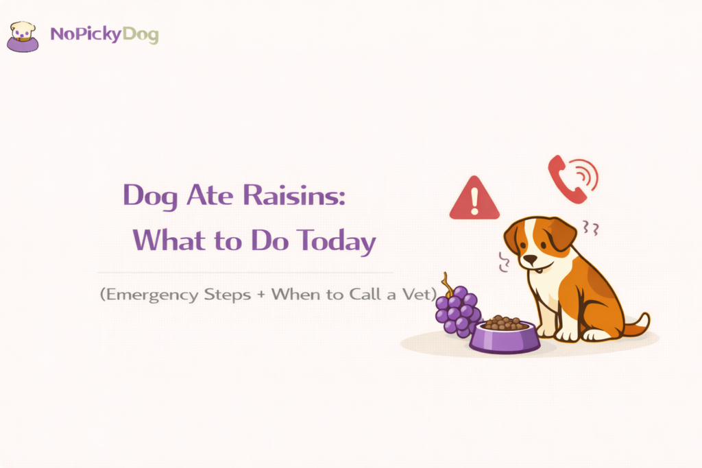 Minimal flat vector illustration of a worried dog owner holding a small bowl of raisins, clean white background, soft pastel accents, bold readable title text, friendly medical-help vibe, no clutter, high contrast