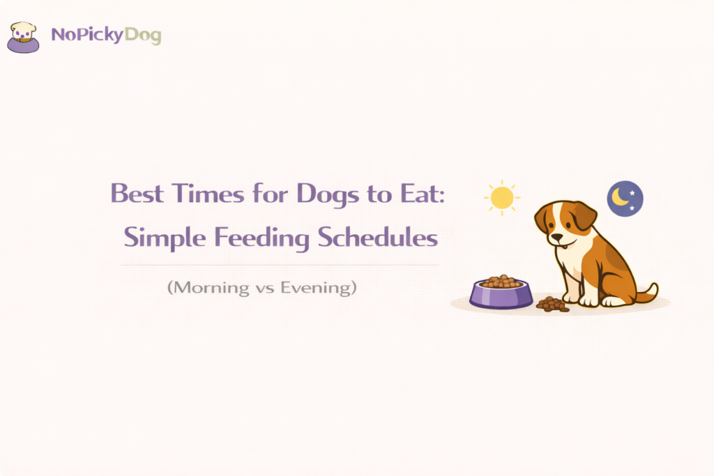 Minimal flat vector illustration of a dog food bowl and a clock (morning and evening), clean white background, soft pastel accents, bold readable title text, calm helpful vibe, no clutter