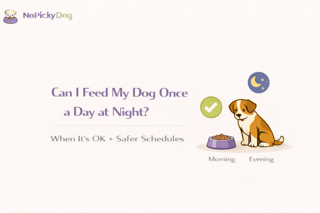 Minimal, professional pet blog cover image. A simple dog bowl icon + moon/night icon. Clean white background, soft shadow. Modern sans-serif title: “Once-a-Day Feeding at Night”. Subtitle: “When it’s OK + safer schedules”. Editorial style, no cartoon, no clutter.