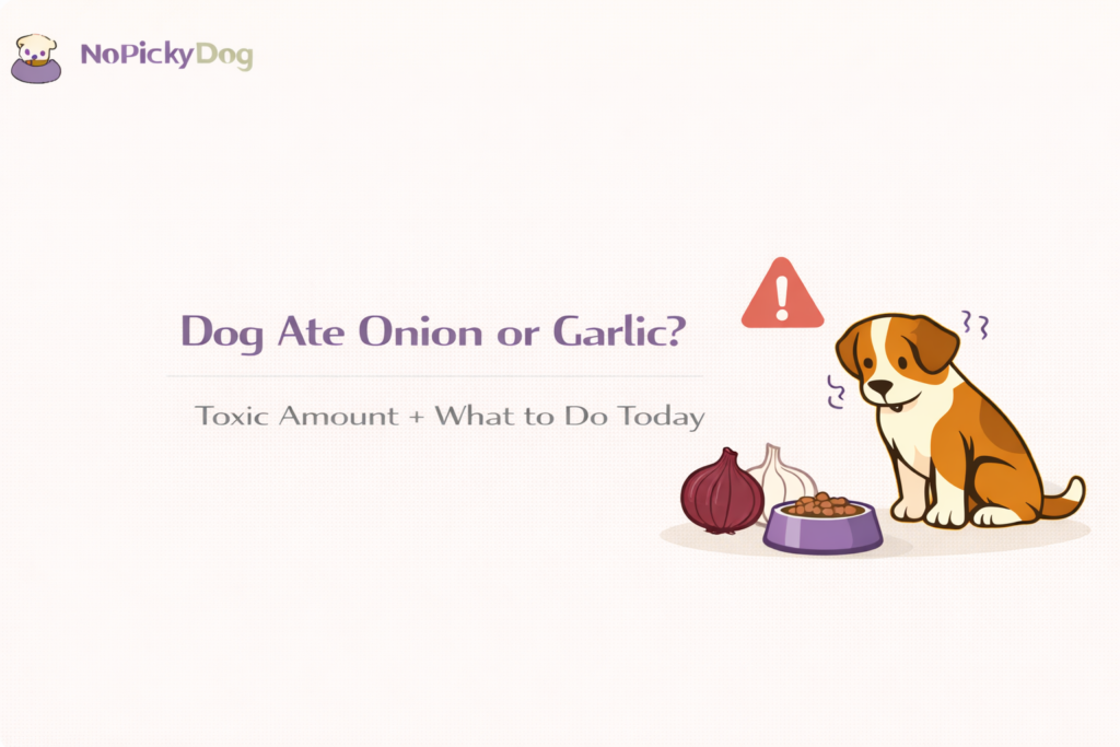 A dog looking at raw onions and garlic cloves on a kitchen counter with a red danger warning symbol indicating toxicity.