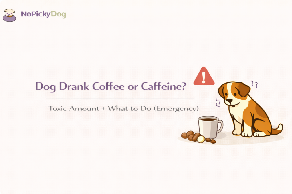 A spilled cup of coffee and coffee beans on the floor near a dog, with a red warning symbol for caffeine toxicity.