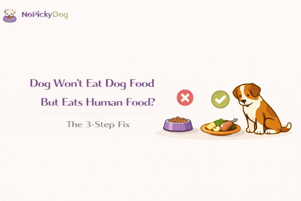 A dog turning its head away from a bowl of dog food while looking at human food on a table.