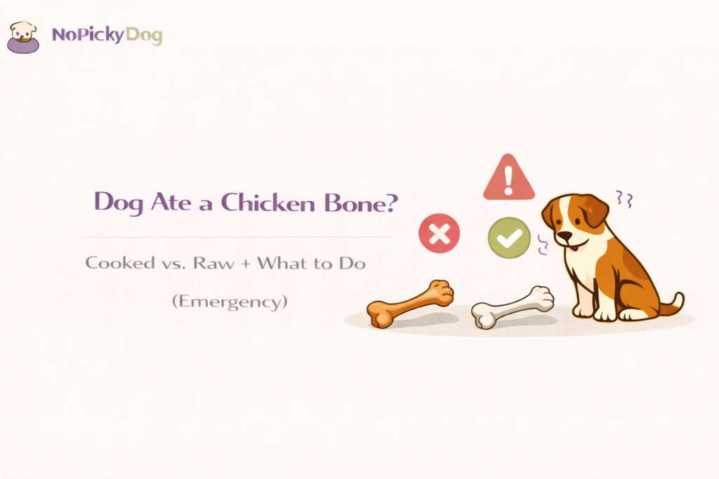 A broken cooked chicken bone on a plate next to a dog, with a red warning sign for splintering.