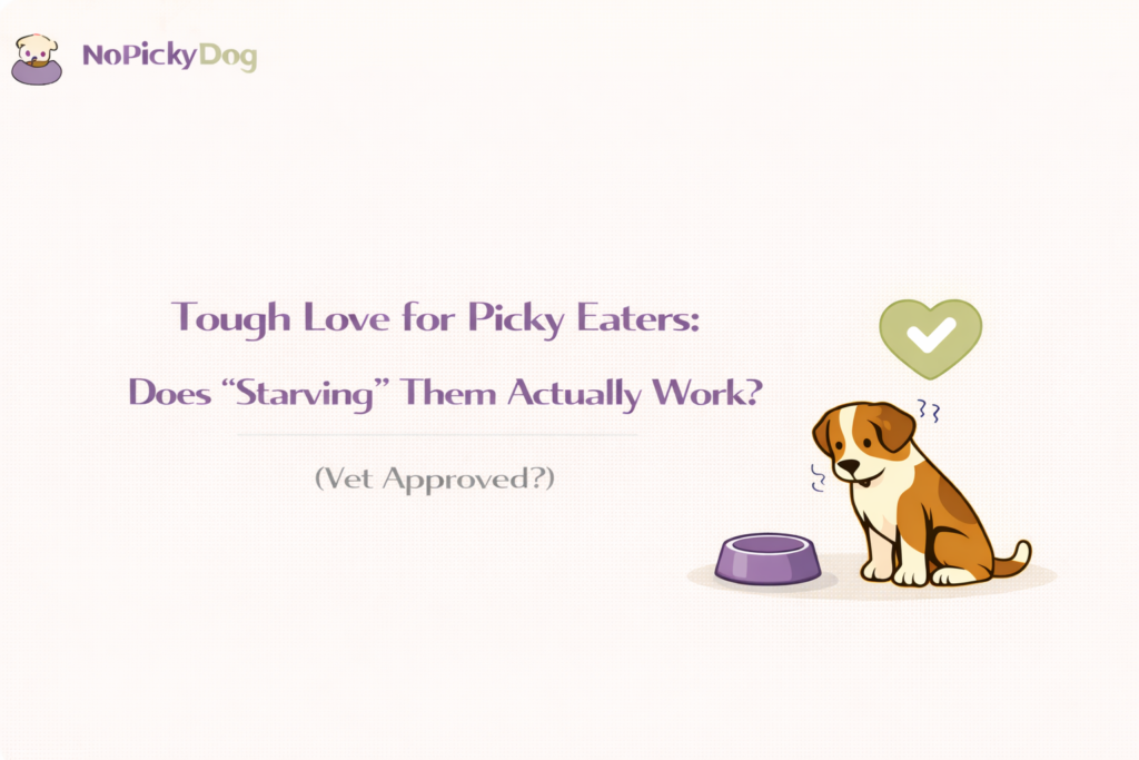 A dog looking at a full bowl of food with a clock showing 15 minutes, representing the tough love method.