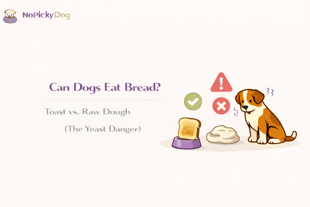 Slices of plain bread on a table next to a ball of raw dough with a warning sign.