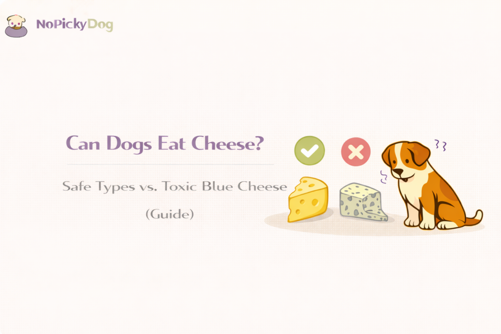 Blocks of safe cheddar and mozzarella cheese next to a wedge of toxic blue cheese with a red warning icon.