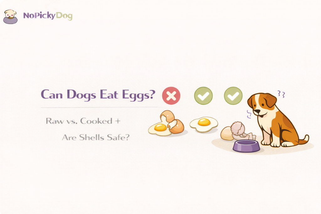 A bowl of cooked scrambled eggs next to a raw egg cracked open with the shell, showing safe vs risky serving methods for dogs.