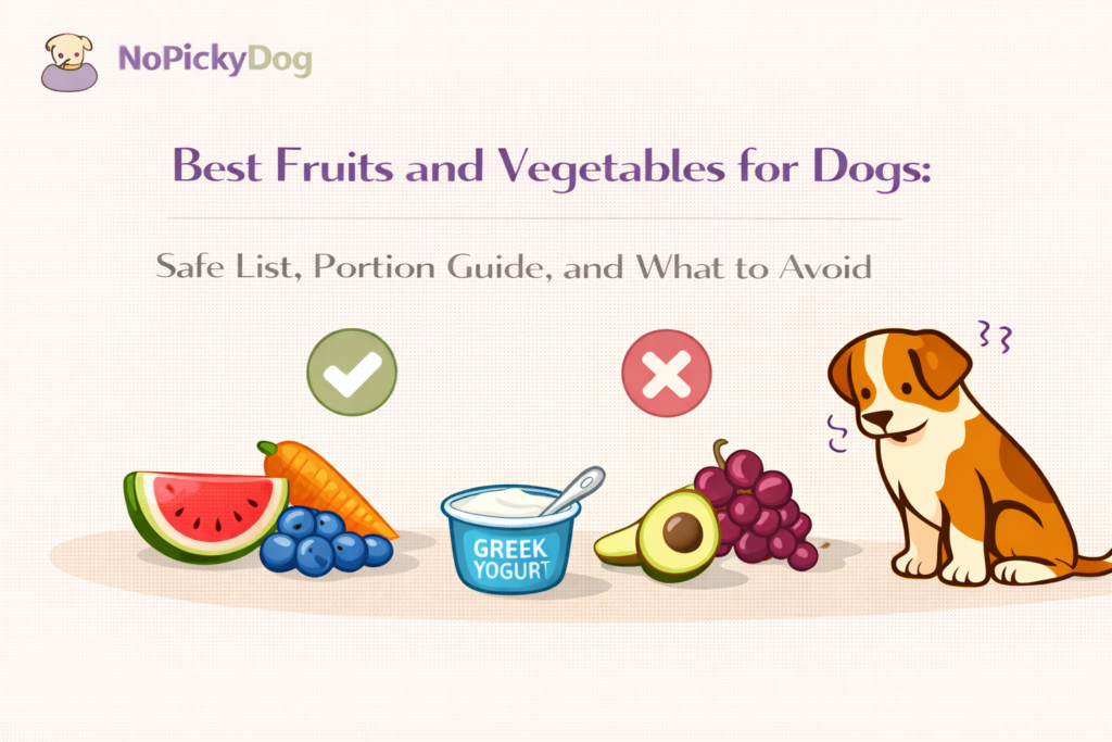 Best fruits and vegetables for dogs safe list with portion and prep tips, plus what to avoid (grapes/raisins, onion/garlic, xylitol).