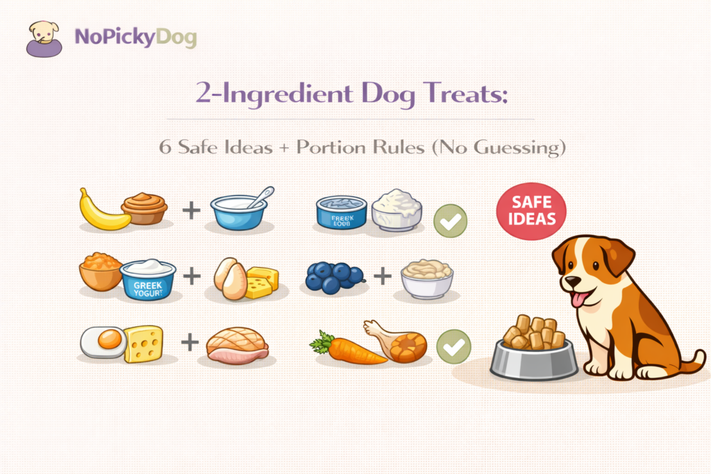 2 ingredient dog treats safe ideas with portion rules, what to avoid (xylitol, raisins, onion/garlic), and treat budget tips.