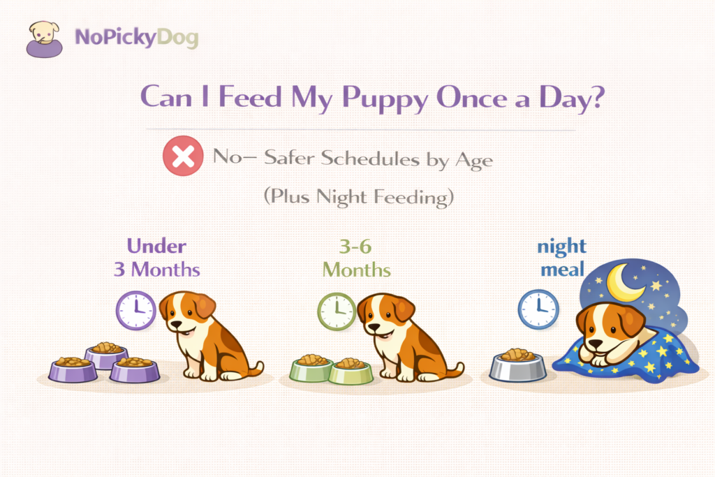 Minimalist premium vet-style cover, warm beige paper texture + subtle grain, muted sage-green accents, clean line-art puppy + food bowl, simple “4→3→2 meals/day” icon and small night/clock icon, lots of whitespace, soft low-contrast shadows, no clutter, 16:9.