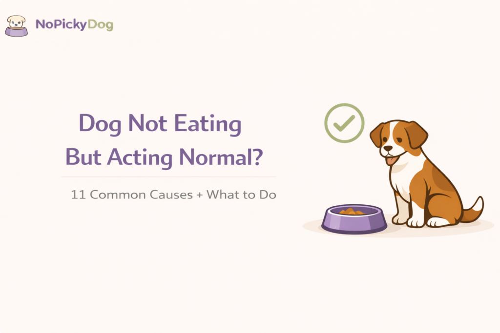 A playful dog sniffing a full food bowl but walking away