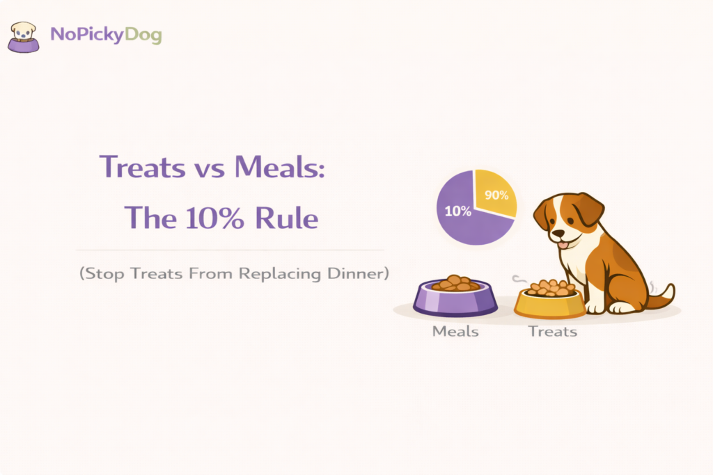 Dog treats and food bowl illustrating the 10% treat rule so treats don’t replace meals