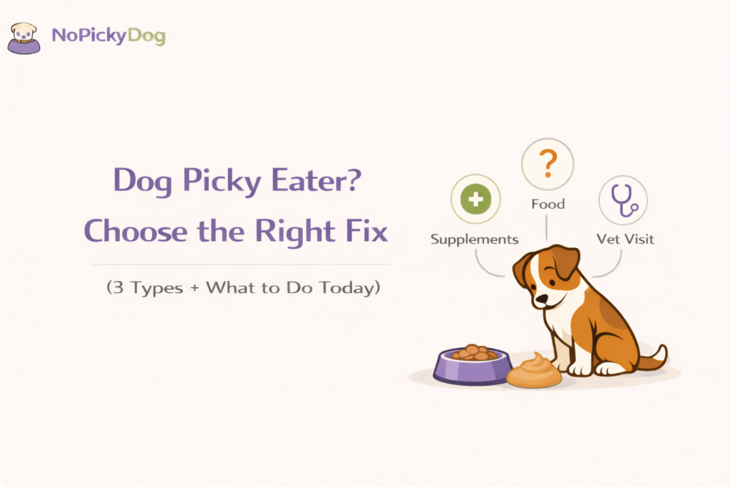 NoPickyDog cover style, minimalist flat vector, warm light-cream background + subtle grain, friendly dog + food bowl, 3 small icons showing the topic, clean geometric shapes, soft shadow, high contrast, no text/no letters/no watermark, 16:9.