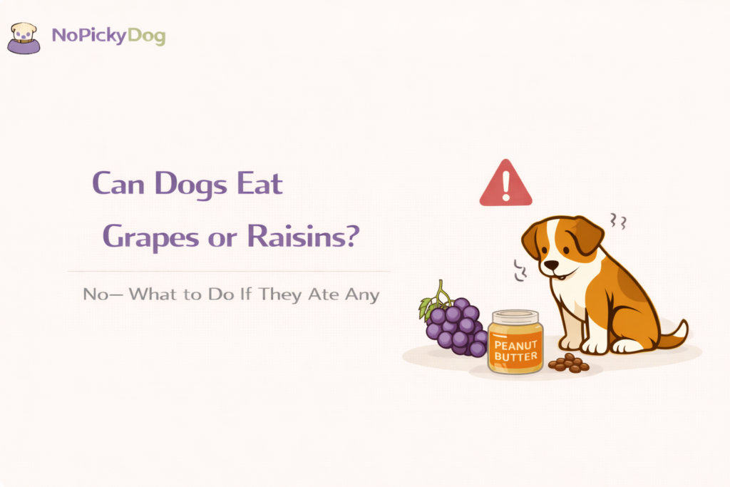 NoPickyDog cover style, minimalist flat vector, warm light-cream background + subtle grain, friendly dog + food bowl, icons: grapes + warning triangle, clean geometric shapes, soft shadow, high contrast, no text/no letters/no watermark, 16:9.