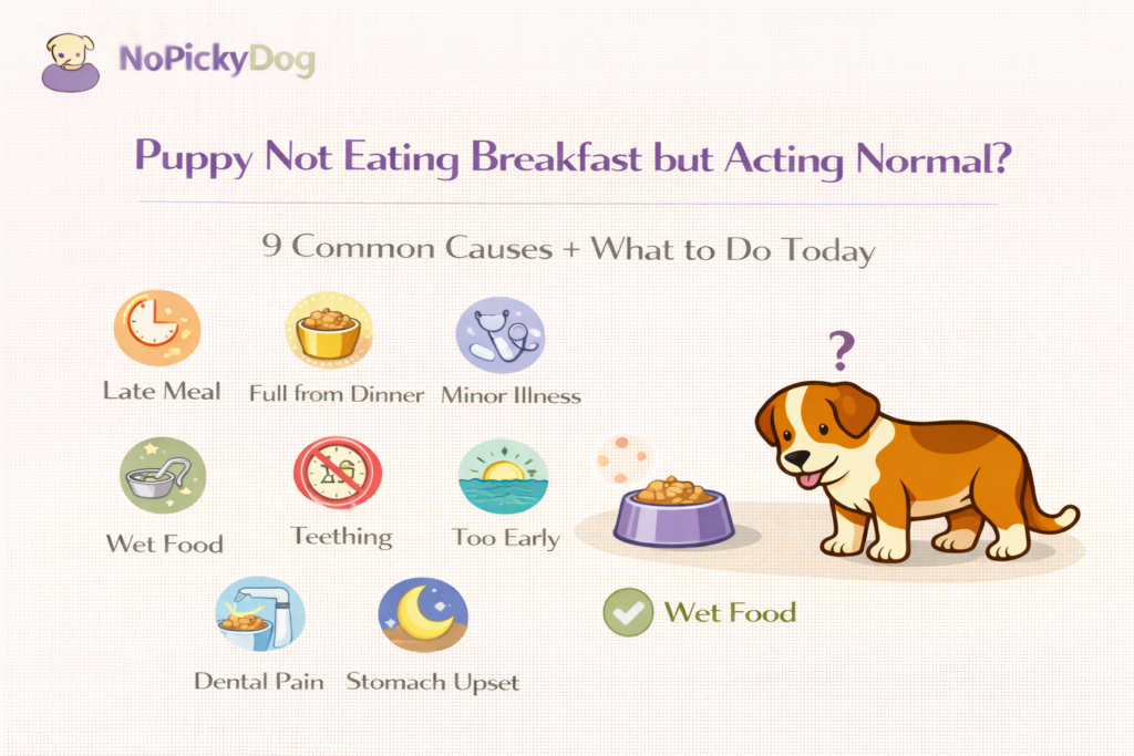 Minimalist vet-style illustration of a puppy turning away from a breakfast bowl, warm beige paper texture, calm premium look.